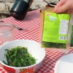 Seaweed Salad, comes frozen and has toasted sesame seeds.